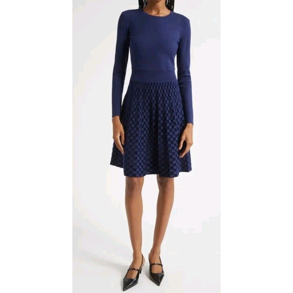 US 4 / IT 40 - Emporio Armani Velvet Check Long Sleeve Sweater Dress MSRP $595